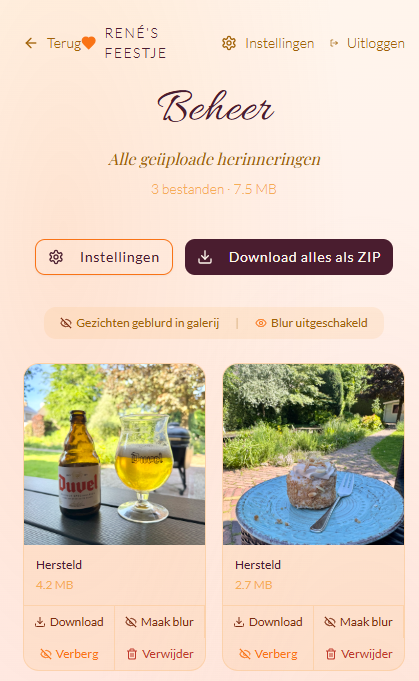 Beheerpagina met uploads, instellingenknop en download als ZIP