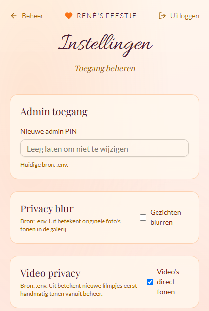 Eerste deel van de instellingenpagina met admin toegang, privacy blur en video privacy