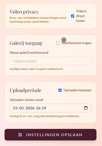 Tweede deel van de instellingenpagina met galerij toegang, uploadperiode en opslaan