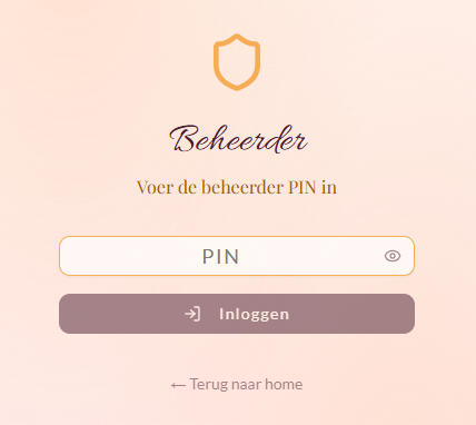 Inlogpagina voor de adminomgeving met PIN veld
